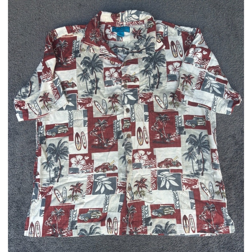 Paradise‎ Blue Men's Hawaiian Shirt Size XL Beige Red Short Sleeve Button-Up